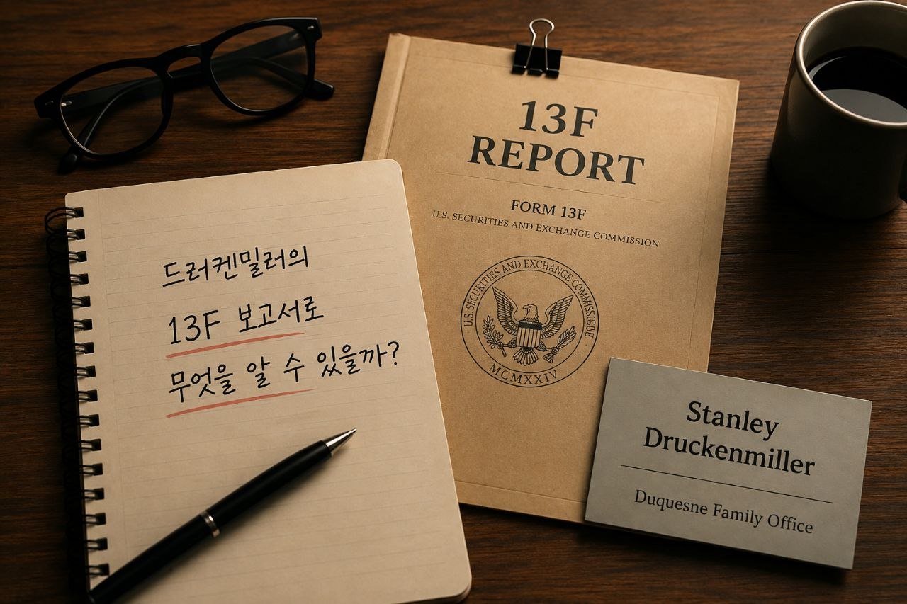 13F 보고서와 노트, 명함이 놓인 책상
