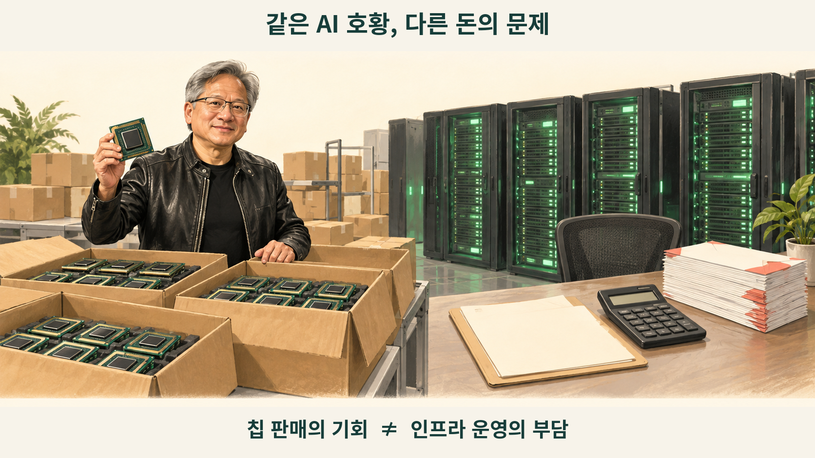 칩 판매의 기회와 인프라 운영의 부담을 비교한 젠슨 황 일러스트