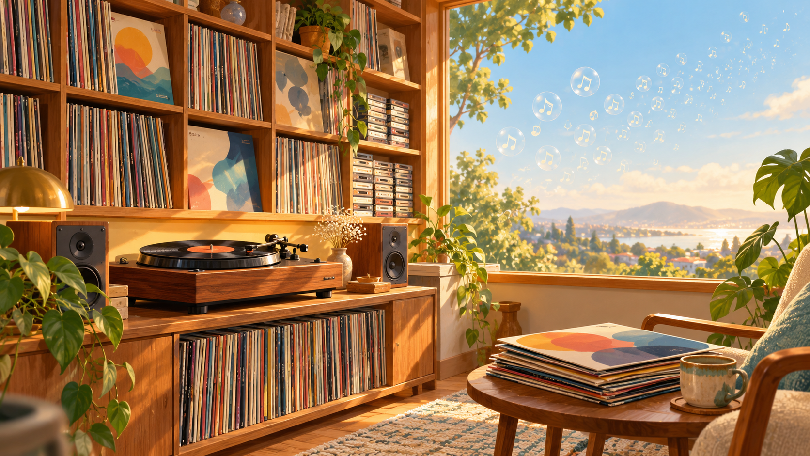 A music library with records and a turntable