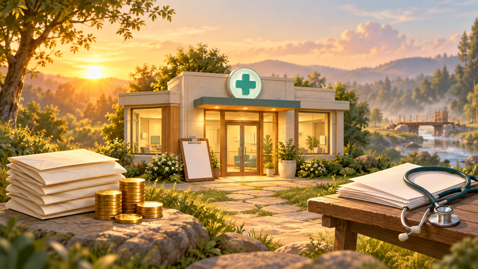 An illustration depicting the balance between medical services and insurance finances