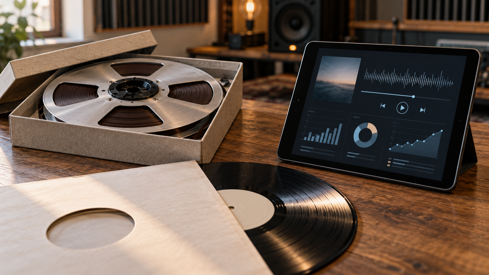 Conceptual illustration of a music catalog and the changes brought by AI